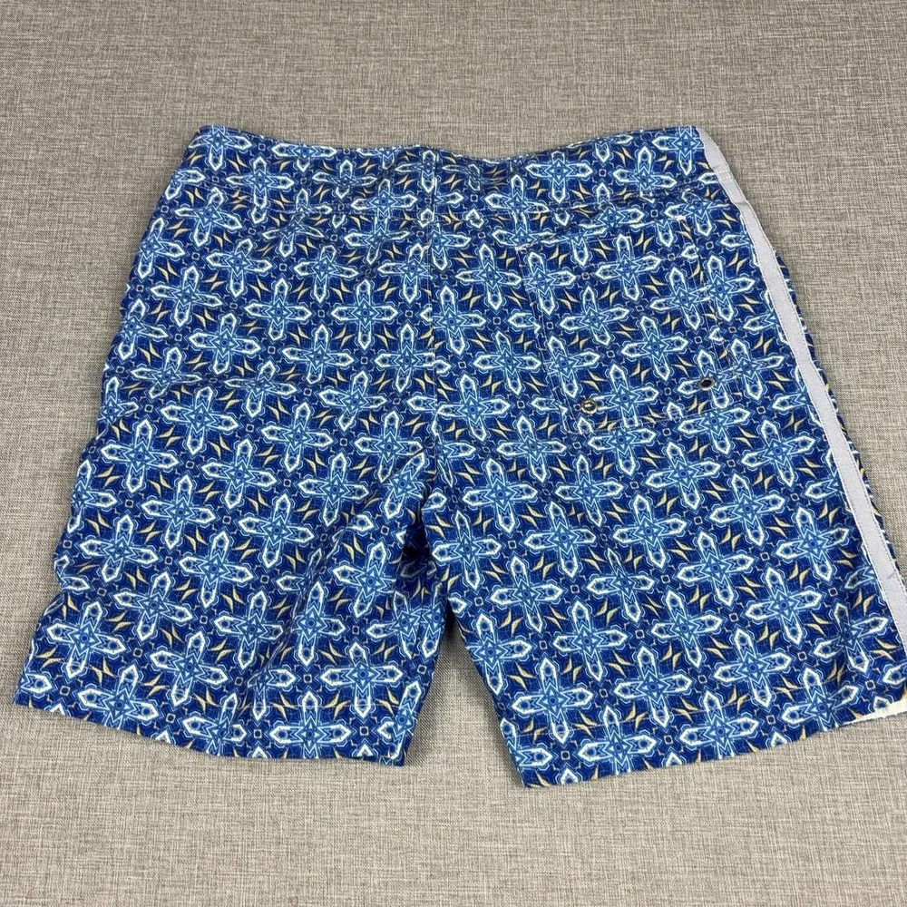 Parke & Ronen Shorts Mens 32 Blue Geometric Swim Trunks Lined Drawstring Print